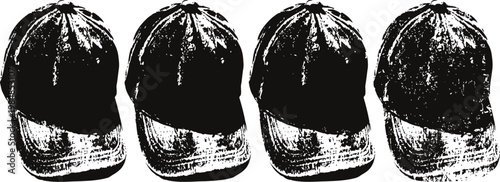 Four black baseball caps with weathered look lined up in a row