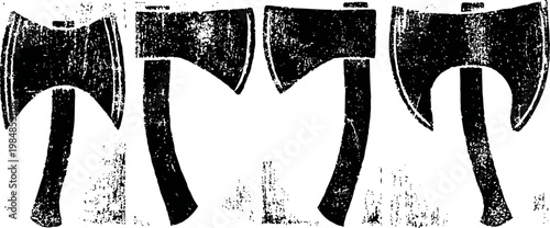 Set of vintage double headed axes silhouettes medieval weapon collection with wooden handles and sharp blades