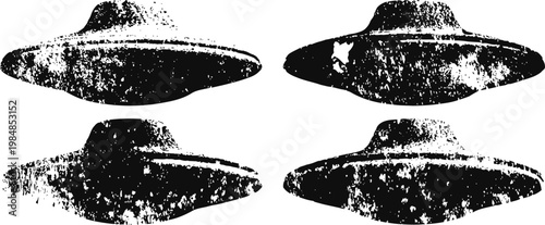 vintage rubber stamp impressions of ufo flying saucers in black ink silhouettes