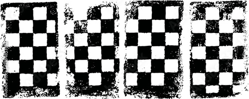 Grunge checkered patterns with distressed edges, vintage black and white square design textures