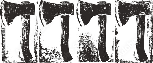 Rustic vintage axe silhouettes with textured grunge old woodcut stamp effect set of five tools
