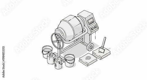 Isometric Line Art of a Portable Concrete Mixer with Cement Bags and Construction Tools