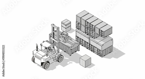 Isometric Line Art Illustration of a Forklift Handling Shipping Containers in a Logistics Terminal and Warehouse Storage