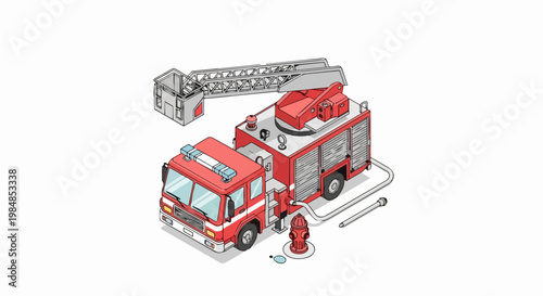 Isometric Fire Truck Illustration with Rescue Ladder and Hydrant on White Background