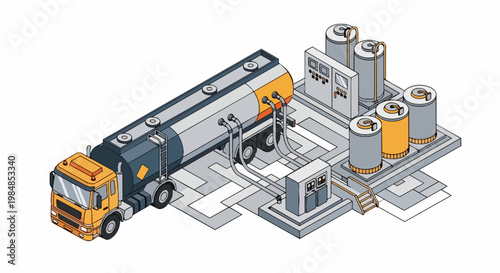 Isometric Illustration of an Oil Tanker Truck at an Industrial Fuel Storage and Processing Facility