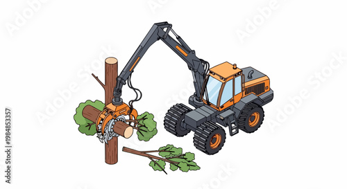 Isometric Vector Illustration of a Heavy Duty Forestry Harvester Machine Felling a Tree for the Timber and Logging Industry