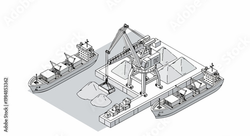 Isometric Line Art Cargo Port Illustration with Harbor Crane and Freight Ships for Logistics and Global Trade