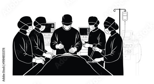 A stark black and white illustration depicts a surgical team at work in an operating room a dramatic silhouette high quality