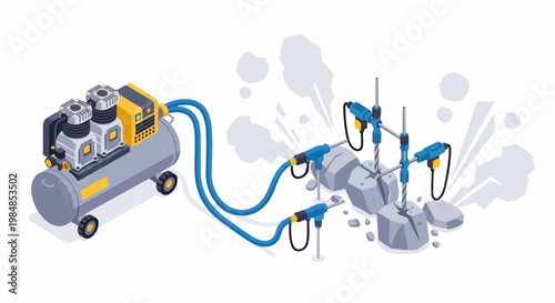Isometric 3D Illustration of an Air Compressor Connected to Multiple Pneumatic Drills Breaking Rocks for Industrial Construction and Mining Projects