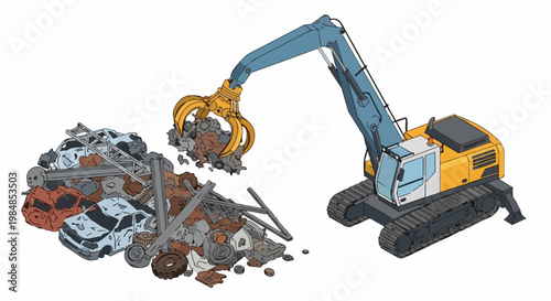 Industrial Excavator with Grapple Claw in Scrapyard Moving Metal Scrap and Old Cars for Recycling - Isometric Vector Illustration