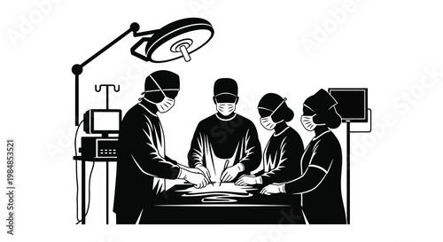 A black and white illustration depicts a surgical team operating showcasing a stark dramatic silhouette high quality professional detailed modern elegant