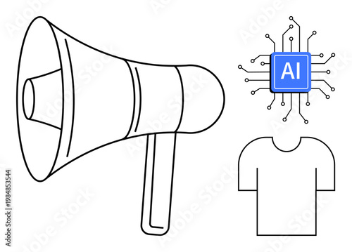 Digital marketing, innovation, AI technology, branding, awareness, communication. A megaphone, AI chip and t-shirt icon showcased together. Digital marketing and innovation concept