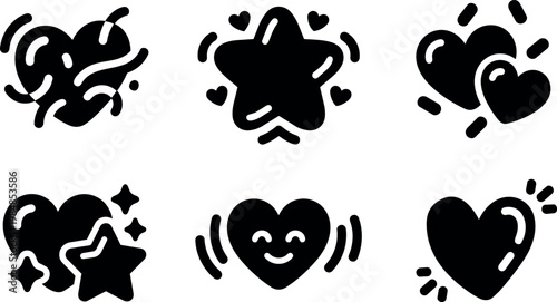 Black heart and star shapes with decorative lines and sparkles vector art