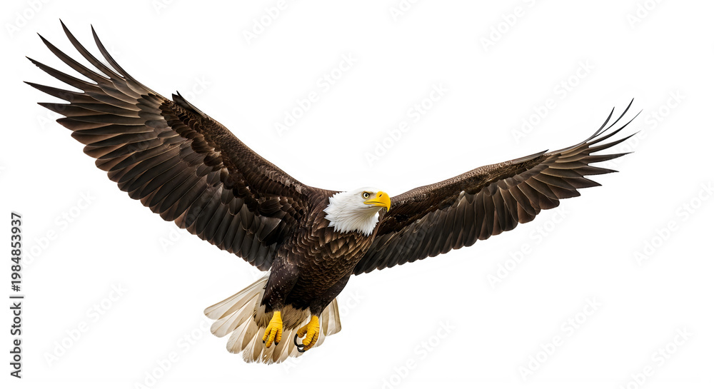 Obraz premium Majestic bald eagle with outstretched wings soaring through sky isolated on transparent background.