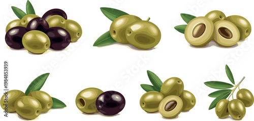 Green and Black Olives with Leaves, Perfect for Food, Mediterranean, and Healthy Cuisine Designs