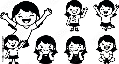 Black and white joyful cartoon girl with happy expressions and playful poses vector art