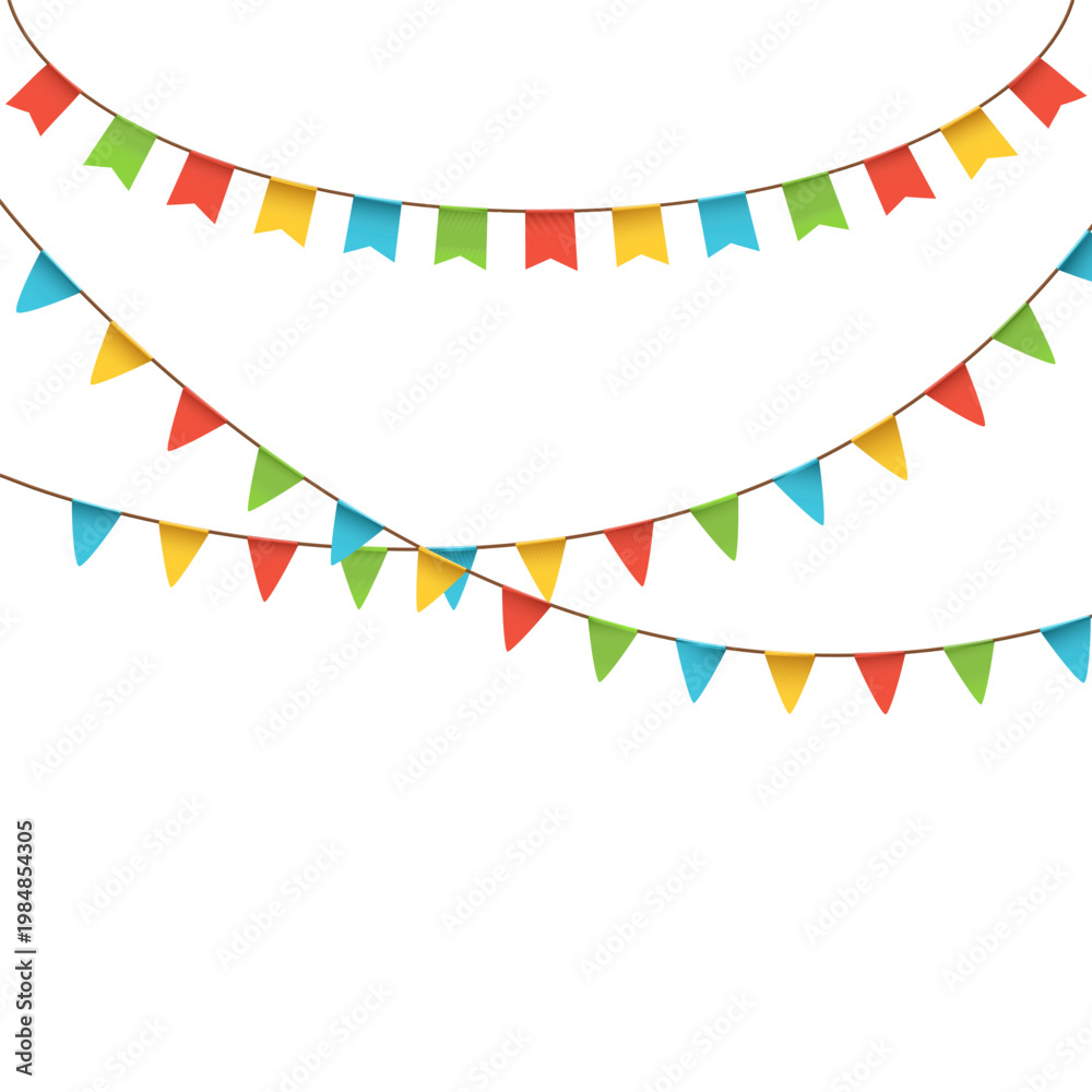 Obraz premium Bright bunting flags hanging in curved rows creating festive party background.
