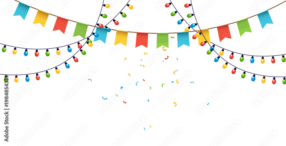 Obraz premium Colorful bunting, bulbs and confetti arranged in layered festive composition on light background.