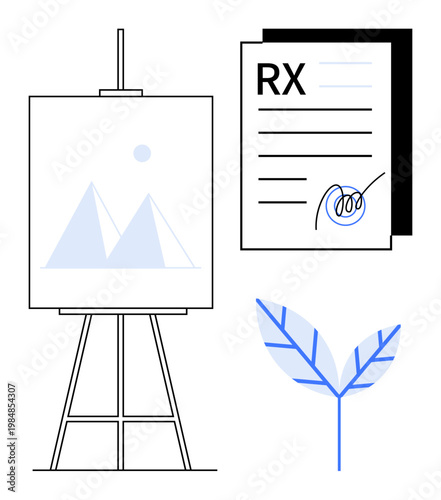 Healthcare, art, creativity, prescriptions, natural remedies, wellness. Minimalistic design with a canvas, signed prescription and stylized leaf. Art and creativity combined with wellness concepts