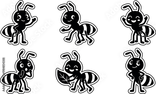 Black and white cartoon ants with different happy poses vector art