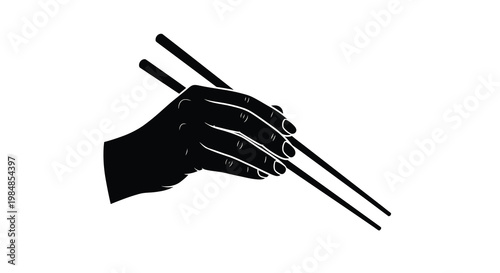 A black silhouette of a hand expertly holding a pair of chopsticks