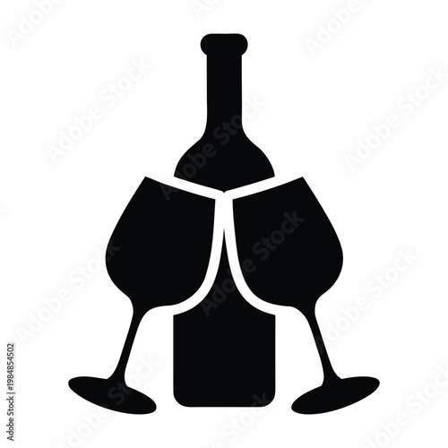 Silhouette of a wine bottle and two clinking glasses. isolated on White Background