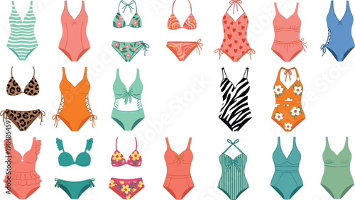 Women swimwear vector set with bikinis and one piece swimsuits colorful summer beach fashion isolated on white
