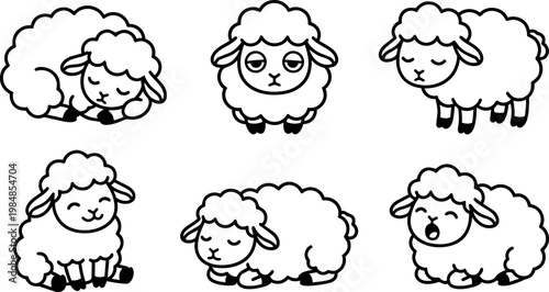 Black and white line art cute lambs with various expressions and poses