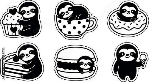 Black and white cute sloth with desserts cupcake cake donut burger and ice cream vector art