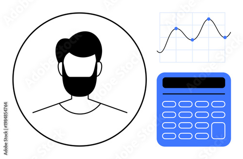 Business, analytics, personal data, financial planning, data analysis, user profile. A human avatar alongside a calculator and a line graph. Business insights and analytics concept
