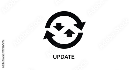A black circular symbol with arrows representing a recycling or update process featuring a bold silhouette high quality professional detailed modern