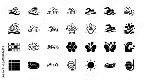 A collection of black and white vector icons depicting various swimming and water related symbols and illustrations on a white background