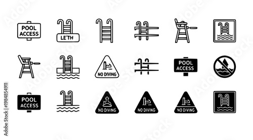 A collection of black and white vector icons depicting various pool signs and equipment for safety and access