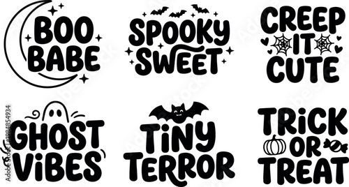 Black and white spooky sweet boo babe ghost vibes halloween phrases vector art
