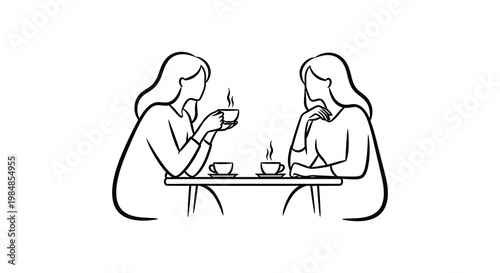 Two women are seated at a table enjoying tea and conversation depicted in a striking black silhouette high quality professional detailed