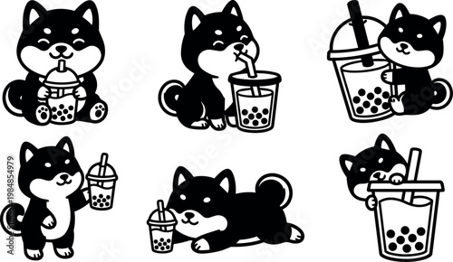 Black and white line art cute shiba inu dogs drinking bubble tea vector