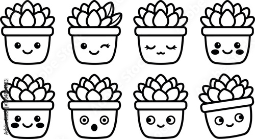Eight kawaii succulent pots with various facial expressions black and white line art