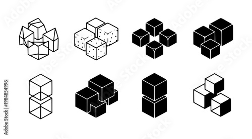 A set of 3D cube shapes in various configurations and styles including black and white illustrations with some having dotted or shaded surfaces