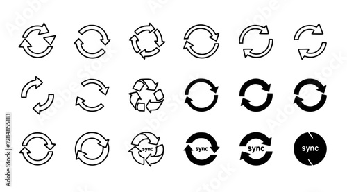 A set of black and white vector graphic icons depicting various recycling and sync symbols in different styles and designs on a white background
