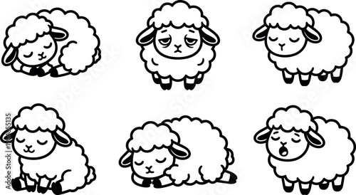 Cute black and white sheep with different sleepy expressions vector art