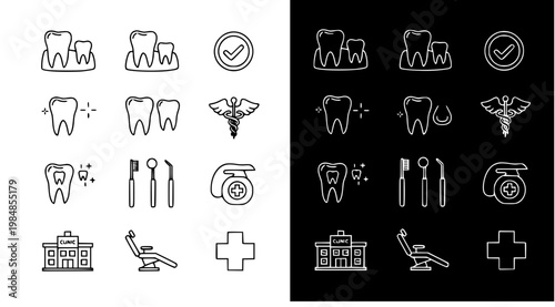 A collection of dental care icons in black and white line art on a white and black background for medical and health related designs