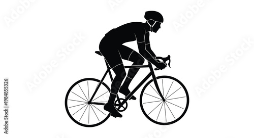 A cyclist in motion depicted as a striking black form against a white background embodies speed and athleticism silhouette high quality