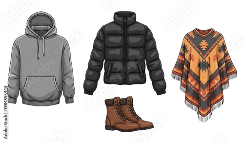 Winter clothing vector set hoodie puffer jacket boots poncho apparel