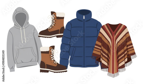 Winter outfit vector set hoodie jacket boots poncho clothing icons