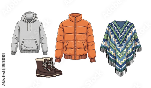 Winter apparel vector set hoodie puffer jacket boots poncho fashion design