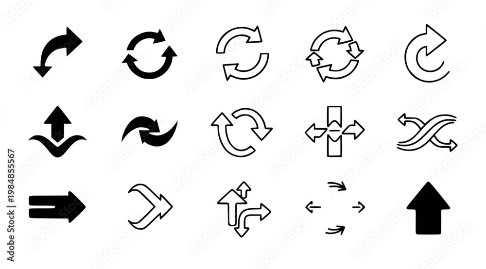 Fototapeta premium A set of black and white arrow icons in various styles and directions on a white background