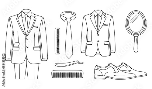 Men formal wear outline vector set suit tie shoes grooming accessories