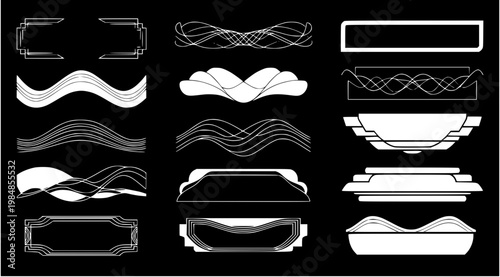 A collection of white vector graphic design elements on a black background for use in digital projects and presentations