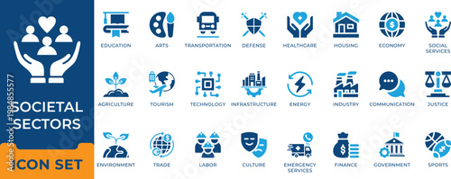 Societal sectors icon set featuring healthcare, education, economy, technology, infrastructure, energy, environment, justice, government, and public social services symbols.