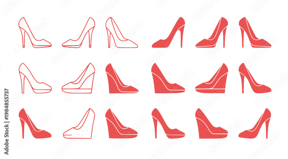 Fototapeta premium A set of red and white high-heeled shoe icons in various styles arranged in rows on a white background